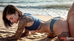 hard sex with an attractive tattooed japanese woman on the beach. [ai]