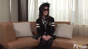 Japanese babe with sun glasses sucks two big dicks at casting before masturbating with a big toy