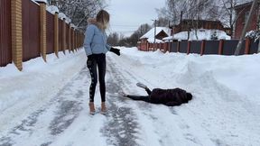 Two girl trying to walk on clear platform shoes on ice, pole dance shoes on ice, pole dance shoes walking, slippery high heels, platform shoes on ice