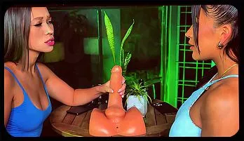 Lesbian MILF Teaches Brunette with Big Booty How to Use Sex Toy