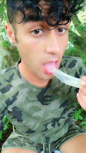 Twink Has a Fresh Cum From Used Condom Till Last Drop Outdoor