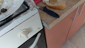 Brunette hairy pussy prepares breakfast naked in the kitchen. Sexy mom cleans the house naked. Amateur wife handjob until orgasm