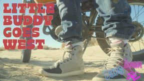 Little Buddy Goes West Chapter 2!: Little Buddy falls off the train! Spends the night in the desert before finding a cute big-boobed Motorbike giantess babe changing her dirty socks before fininishing her ride.