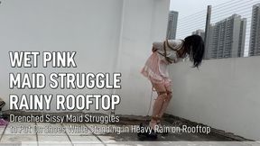 Drenched Pink Maid Sissy Struggles Standing in Rain - Bound Trying to Wear Shoes on Wet Rooftop