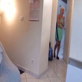 A petite blonde French babe fucks two horny dudes