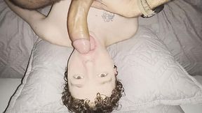 Close-up interracial POV gay mouth fuck for pale curly twink by with BBC