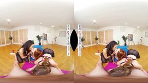 Sizzling yogis Ashley, Maya, and Lacy in hot doggy group action