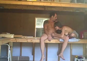 I spy on horny amateur couple fucking madly in the shed