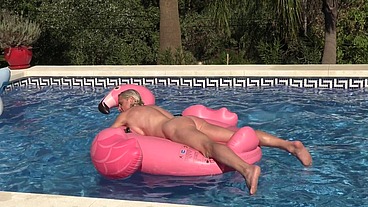Naked Shemale Plays Poolside