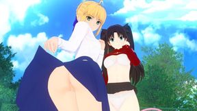 Threesome with Rin Tohsaka and Saber Fate [Hentai 3D]