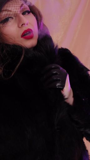 ASMR fur coat fetish, vaping smoking with leather gloves (Arya Grander)   Clip 1