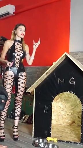 Femdom Leather Queens Dominate Naked Slave in Heels
