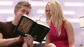 Skinny blonde girl sucks and rides big cock during college study session