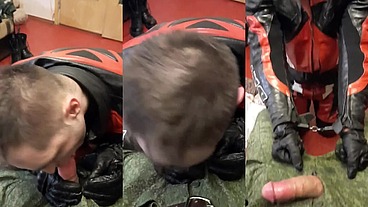 Leather Biker in Motogear sucked dick by Military Man