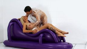 Plastic fetish couple fucking on inflatable purple pvc chair - Part 1 of 2