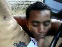 Unshaved twink Wellington sucking Andre\'s huge cock in the
