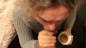 Euro slut drinks COFFEE with CUM!