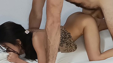 Asian Babyface first experiment with fucking big white guy in different positions for not geting hurt her small pussy