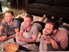 Magic threesome movie night with muslce gay studs