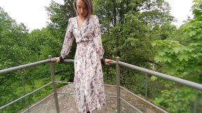 Sofi is tied with black ropes to a railing and walk in the park in a dress_Viborg_OrDro_Part 1