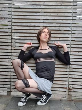Pissing and showing off in stockings and mini skirt