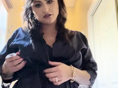 Busty curly brunette with big boobs fucks on couch