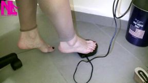 Sewing in Black Flip Flops and Barefeet