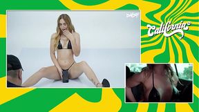 Two famous babes naked in a ride-sharing car: busty blonde promises blowjob as payment and the driver says NO!