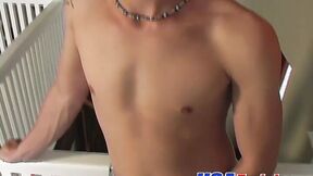 ”Sexy & charming twink wanks his big massive prick in the corner”