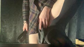 Crossdressers self spanking with tied balls and small dick