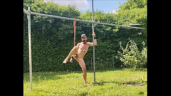 naked pathetic slave during outdoor party entertain the party guests swinging at my testicles, dildo in ass, BDSM CBT