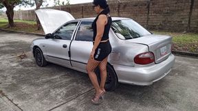 Repairs car in high heels and fishnet stockings to end up pumping pedals (3)