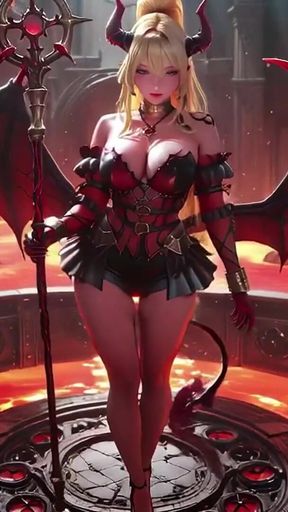 Lava Throne! Blonde Demon Queen Kneels & Spreads Her Wings, Lazy Tease with a Glass.