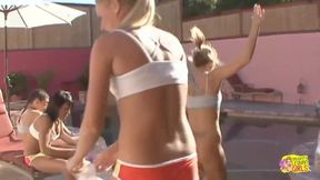 After playing sports, brunettes and blondes indulge in group lesbian pleasure.