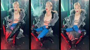 Sexy Leather & fur Goddess smokes marlboro 100 in boots