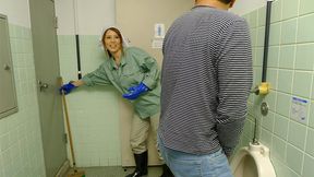Maki Koizumi jumps on men in a public bathroom to suck them off