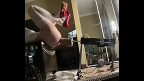 Shemale in tight bodysuit fucked by a big thick dildo