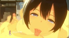 Big-breasted teen gives nipple licking hand job while staring