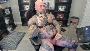 jason collins jerking off while smoking a cigar in leather with a massive cum shot!