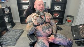 jason collins jerking off while smoking a cigar in leather with a massive cum shot!