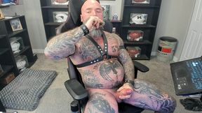 jason collins jerking off while smoking a cigar in leather with a massive cum shot!