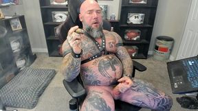 jason collins jerking off while smoking a cigar in leather with a massive cum shot!