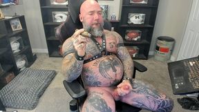 jason collins jerking off while smoking a cigar in leather with a massive cum shot!