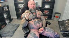 jason collins jerking off while smoking a cigar in leather with a massive cum shot!