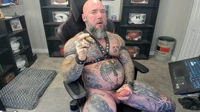 jason collins jerking off while smoking a cigar in leather with a massive cum shot!