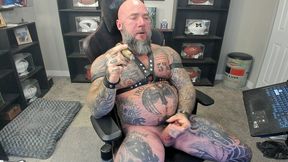 jason collins jerking off while smoking a cigar in leather with a massive cum shot!