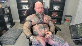 jason collins jerking off while smoking a cigar in leather with a massive cum shot!