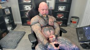 jason collins jerking off while smoking a cigar in leather with a massive cum shot!