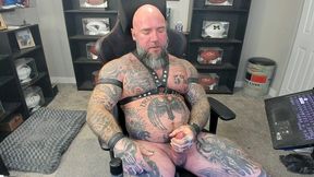 jason collins jerking off while smoking a cigar in leather with a massive cum shot!