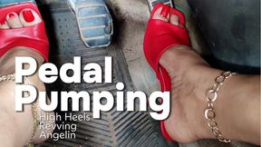 Mature woman in high heels pumping pedals of vintage car (1)